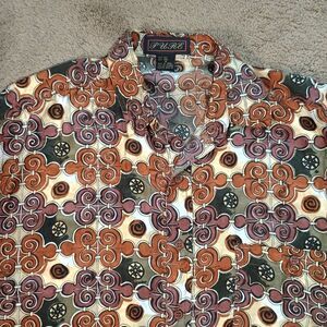 Pure 100% Silk‎ Geometric Scroll Print Short Sleeve Button Down Shirt Size S
